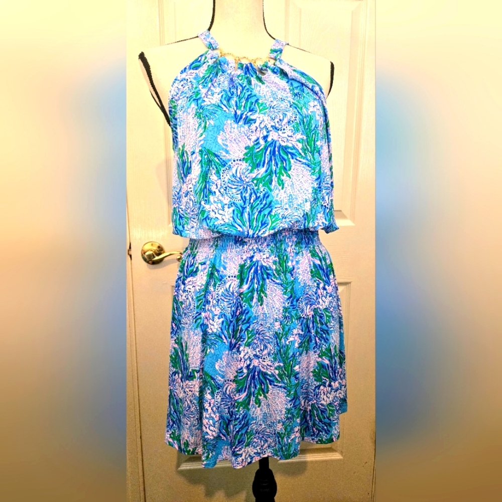 Lilly Pulitzer NWT Shirelle Skirted Romper Aqua Strong Current Sea Size Medium. 